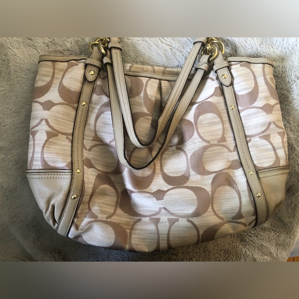 Coach Beige and Cream Signature Monogram Tote/stain bottom